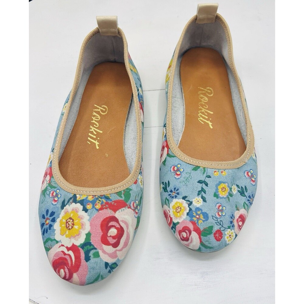 Rockit Women’s Blue Floral Leather Slip On Ballet Flats Round Toe Size 6
